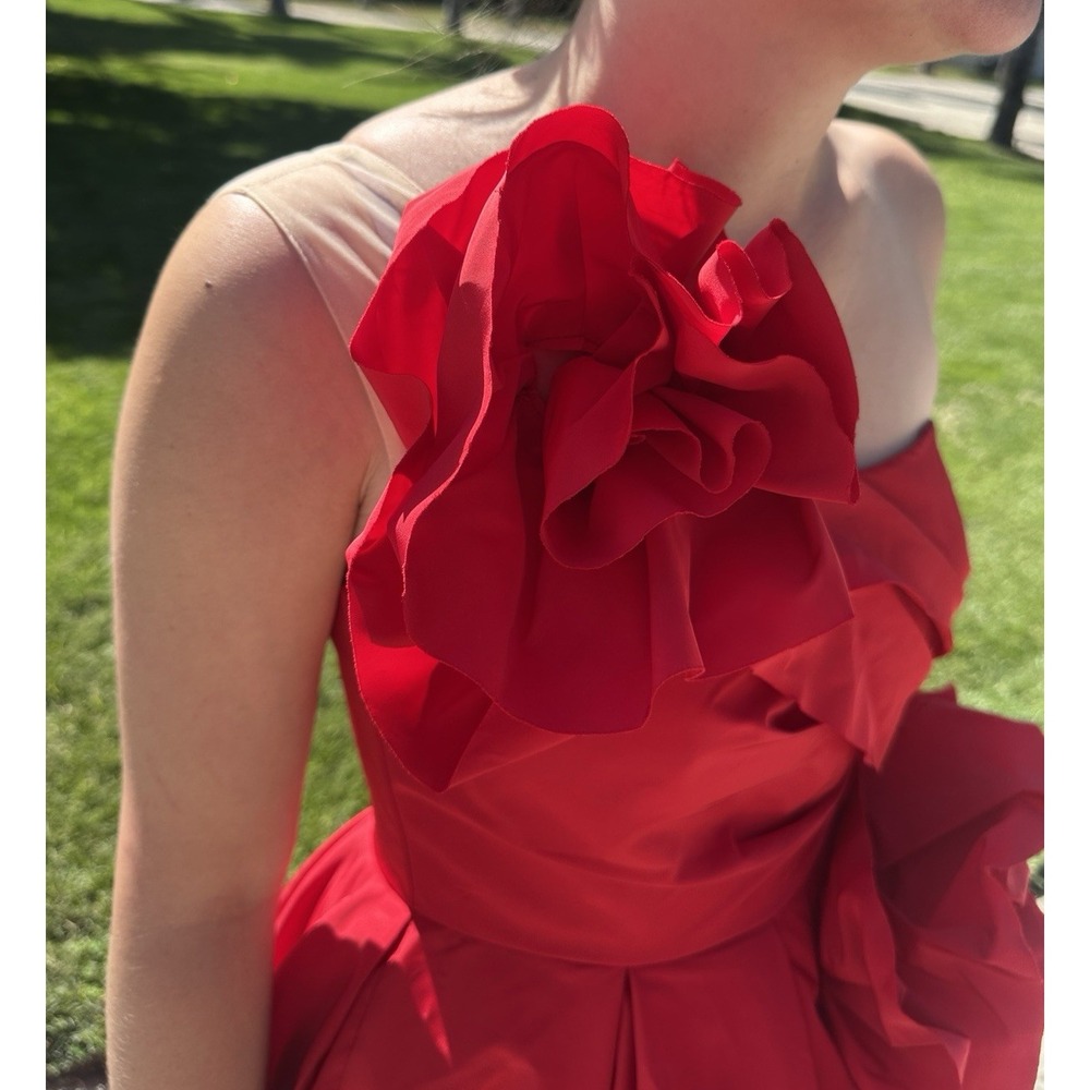 NEW MAC‎ DUGGAL [ 2 ] 11992 ONE SHOULDER Embellished Rosette Ball Gown in Red - Picture 3 of 16